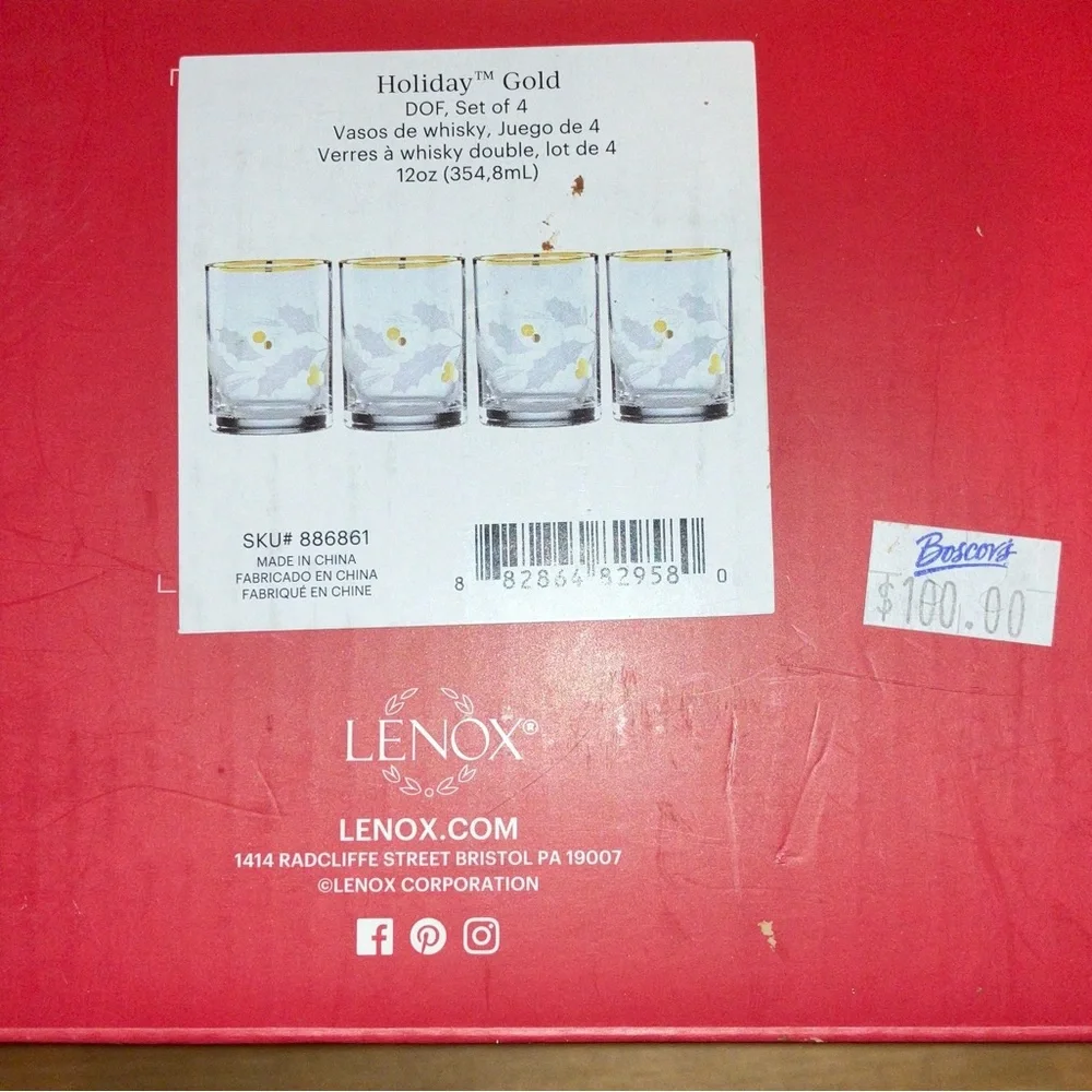 NWT and Box Never Used Lenox Holiday Gold Double Whisky Glasses Set of 4 12oz
